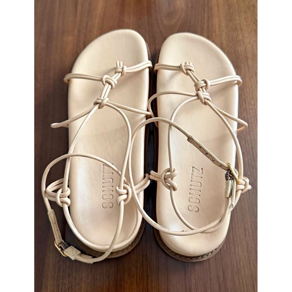 Schutz Women’s Beige Synthetic Strappy Ankle Strap Flat Sandals Buckle US 6 used